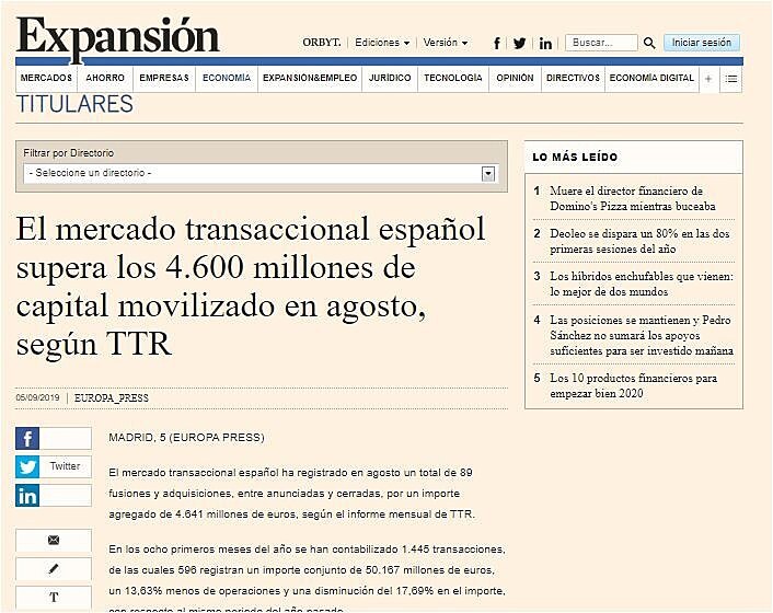 El mercado transaccional espaol supera los 4.600 millones de capital movilizado en agosto, segn TTR